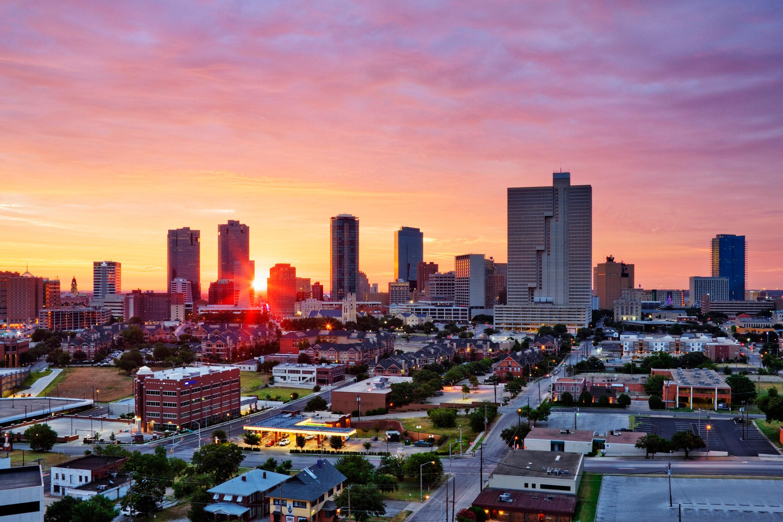 Texas, Fort Worth skyline at sunrise.